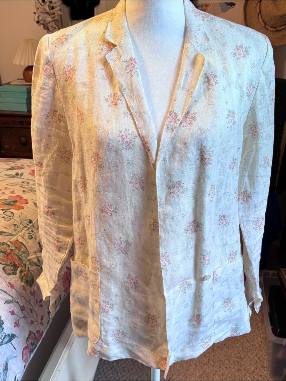 Vintage 1980s Ralph Lauren Light Cream Floral Linen Blend Women's Blazer